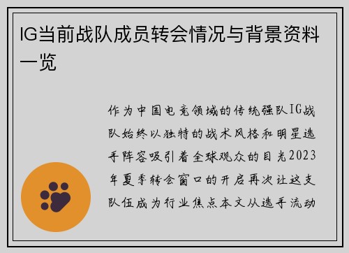IG当前战队成员转会情况与背景资料一览