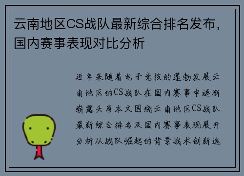 云南地区CS战队最新综合排名发布，国内赛事表现对比分析